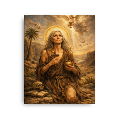 St Mary of Egypt in the wilderness canvas print on a plain backdrop in size 16"x20".