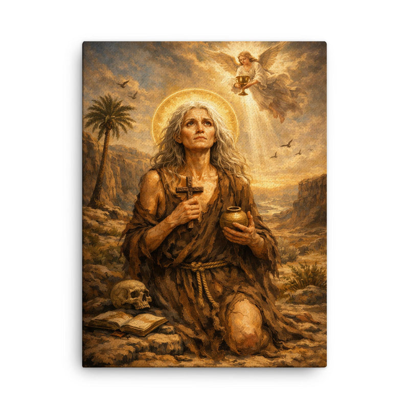 St Mary of Egypt in the wilderness canvas print on a plain backdrop in size 18
