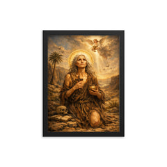 St Mary of Egypt in the wilderness framed print on a plain backdrop in size 12"x16".