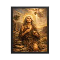 St Mary of Egypt in the wilderness framed print on a plain backdrop in size 16"x20".