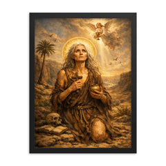 St Mary of Egypt in the wilderness framed print on a plain backdrop in size 18"x24".