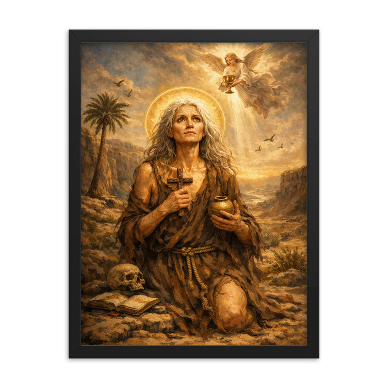 St Mary of Egypt in the wilderness framed print on a plain backdrop in size 18
