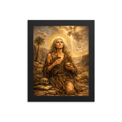 St Mary of Egypt in the wilderness framed print on a plain backdrop in size 8"x10".