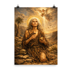 St Mary of Egypt in the wilderness poster on a plain backdrop in size 8"x10".