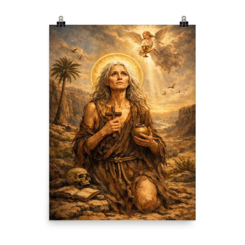 St Mary of Egypt in the wilderness poster on a plain backdrop in size 8