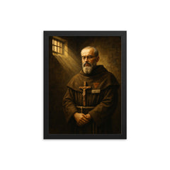 St Maximilian Kolbe in Auschwitz cell light framed print on a plain backdrop in size 12"x16".