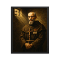 St Maximilian Kolbe in Auschwitz cell light framed print on a plain backdrop in size 16"x20".
