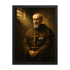 St Maximilian Kolbe in Auschwitz cell light framed print on a plain backdrop in size 18"x24".