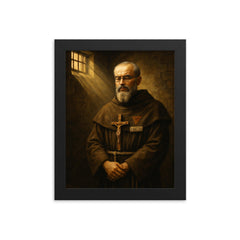 St Maximilian Kolbe in Auschwitz cell light framed print on a plain backdrop in size 8"x10".