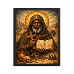 St Moses the Black desert icon framed print on a plain backdrop in size 16"x20".