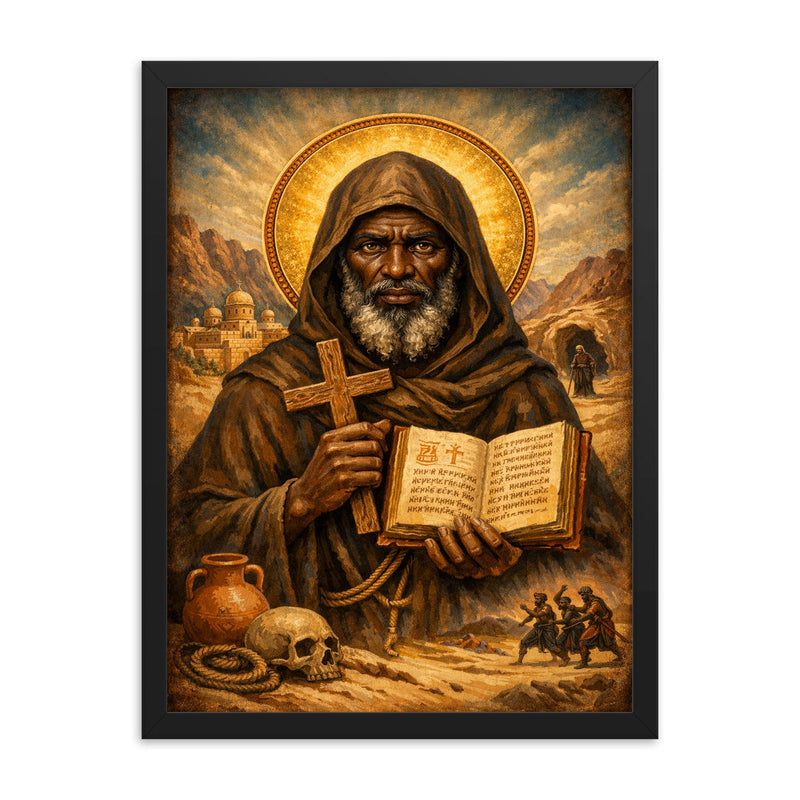 St Moses the Black desert icon framed print on a plain backdrop in size 18
