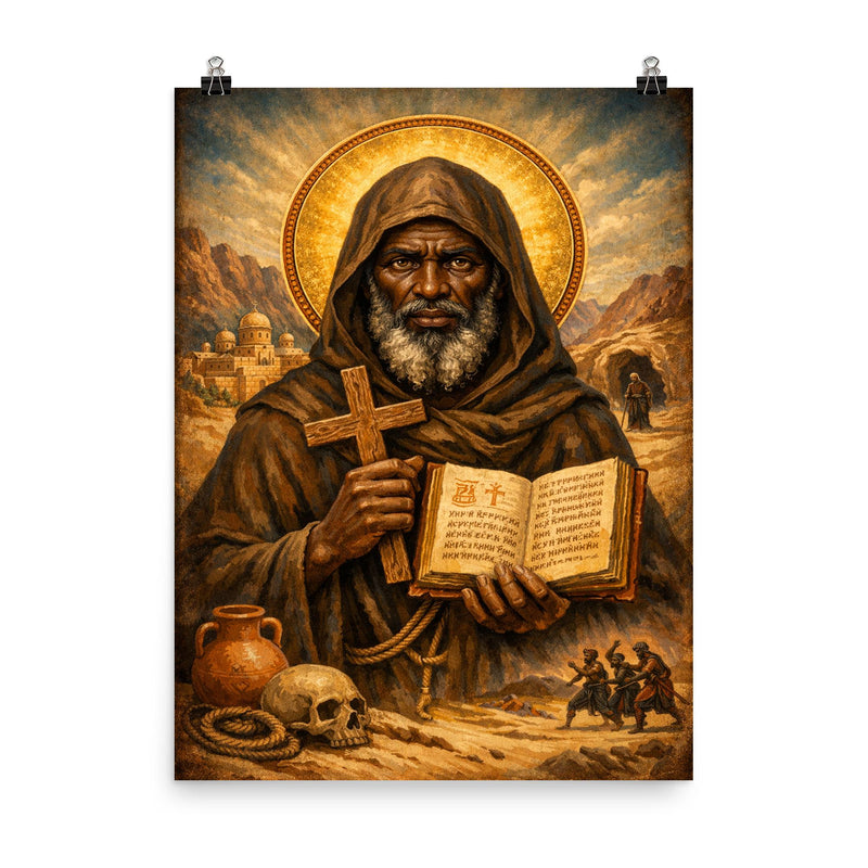 St Moses the Black desert icon poster on a plain backdrop in size 8