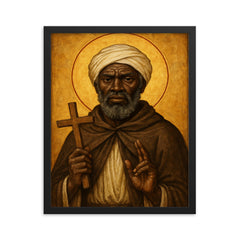 St Moses the Black icon portrait framed print on a plain backdrop in size 16"x20".