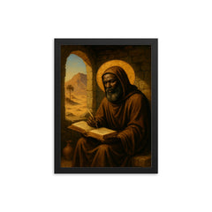 St Moses the Black in desert cell framed print on a plain backdrop in size 12"x16".