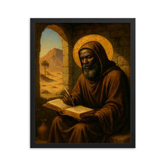 St Moses the Black in desert cell framed print on a plain backdrop in size 16"x20".
