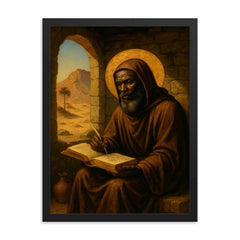 St Moses the Black in desert cell framed print on a plain backdrop in size 18"x24".