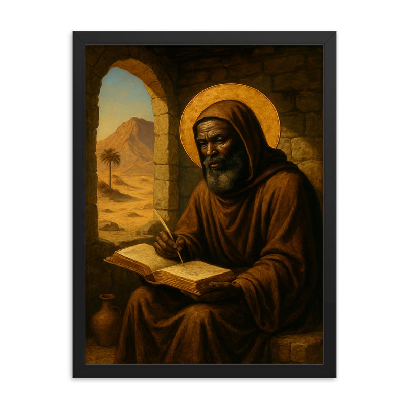 St Moses the Black in desert cell framed print on a plain backdrop in size 18