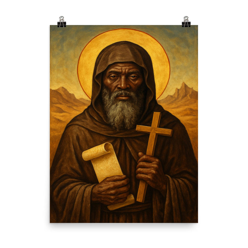 St Moses the Black in desert monastic robes poster on a plain backdrop in size 8
