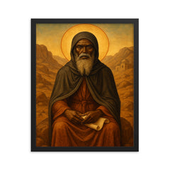 St Moses the Black in desert monastic stillness framed print on a plain backdrop in size 16"x20".