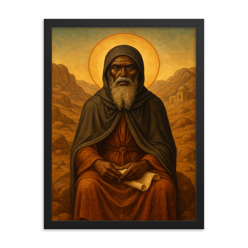St Moses the Black in desert monastic stillness framed print on a plain backdrop in size 18