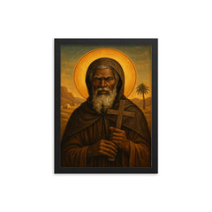 St Moses the Black with desert cross framed print on a plain backdrop in size 12"x16".