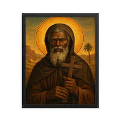 St Moses the Black with desert cross framed print on a plain backdrop in size 16"x20".