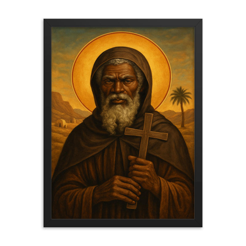 St Moses the Black with desert cross framed print on a plain backdrop in size 18