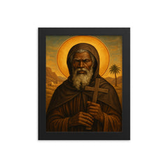 St Moses the Black with desert cross framed print on a plain backdrop in size 8"x10".