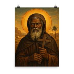 St Moses the Black with desert cross poster on a plain backdrop in size 8"x10".