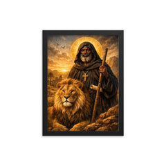 St Moses the Black with desert lion framed print on a plain backdrop in size 12"x16".