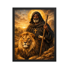 St Moses the Black with desert lion framed print on a plain backdrop in size 16"x20".