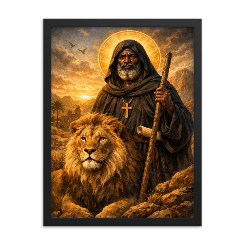 St Moses the Black with desert lion framed print on a plain backdrop in size 18
