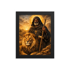 St Moses the Black with desert lion framed print on a plain backdrop in size 8"x10".