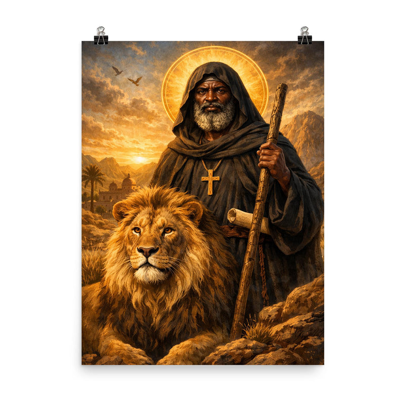 St Moses the Black with desert lion poster on a plain backdrop in size 8