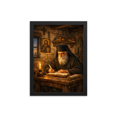 St Nektarios writing in humble cell framed print on a plain backdrop in size 12"x16".