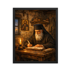 St Nektarios writing in humble cell framed print on a plain backdrop in size 16"x20".