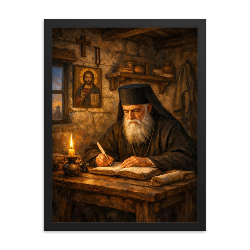 St Nektarios writing in humble cell framed print on a plain backdrop in size 18