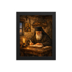 St Nektarios writing in humble cell framed print on a plain backdrop in size 8"x10".
