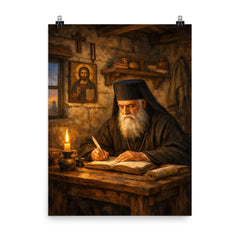 St Nektarios writing in humble cell poster on a plain backdrop in size 8"x10".