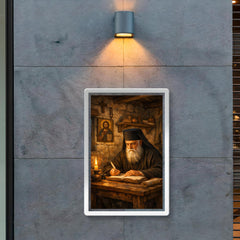 St Nektarios writing in humble cell poster 2