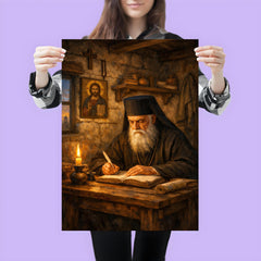 St Nektarios writing in humble cell poster 3