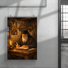 St Nektarios writing in humble cell poster 4