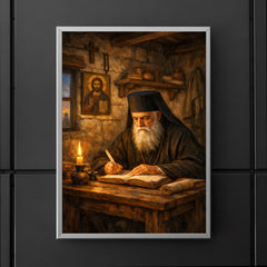 St Nektarios writing in humble cell poster 5