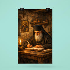 St Nektarios writing in humble cell poster 6