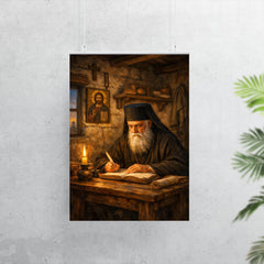 St Nektarios writing in humble cell poster 7