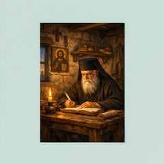 St Nektarios writing in humble cell poster 8