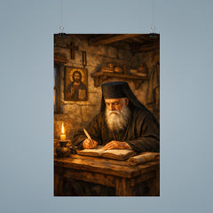 St Nektarios writing in humble cell poster 9