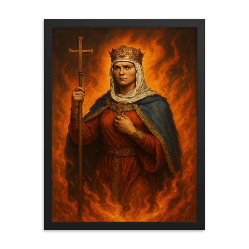 St Olga of Kiev among avenging flames framed print on a plain backdrop in size 18