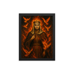 St Olga of Kyiv among burning doves framed print on a plain backdrop in size 12"x16".
