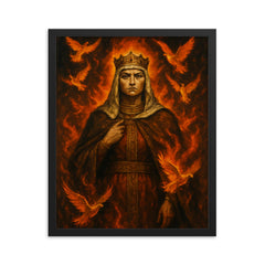 St Olga of Kyiv among burning doves framed print on a plain backdrop in size 16"x20".